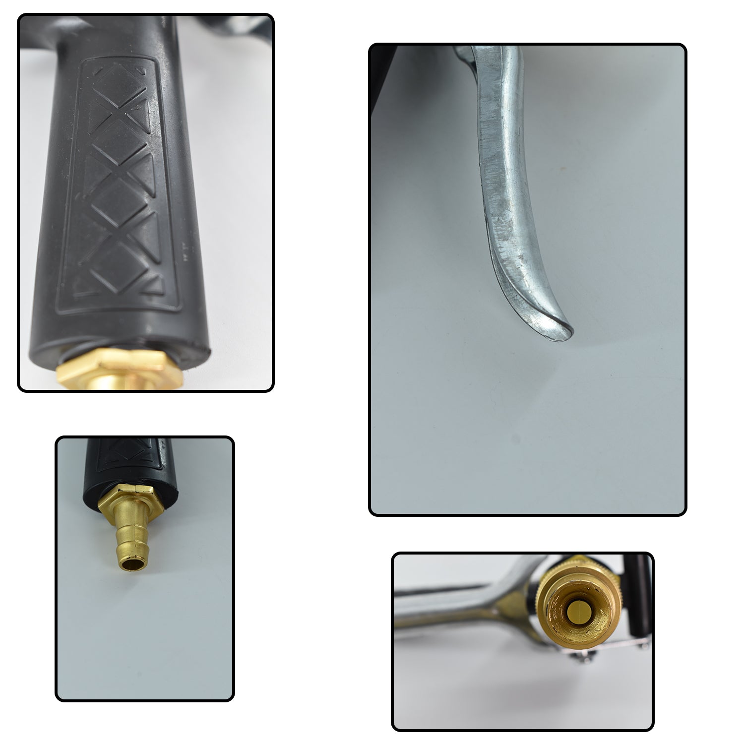 Gold trigger hose nozzle, durable for water spraying, lever operated. Gold trigger hose nozzle, durable for water spraying, lever operated.